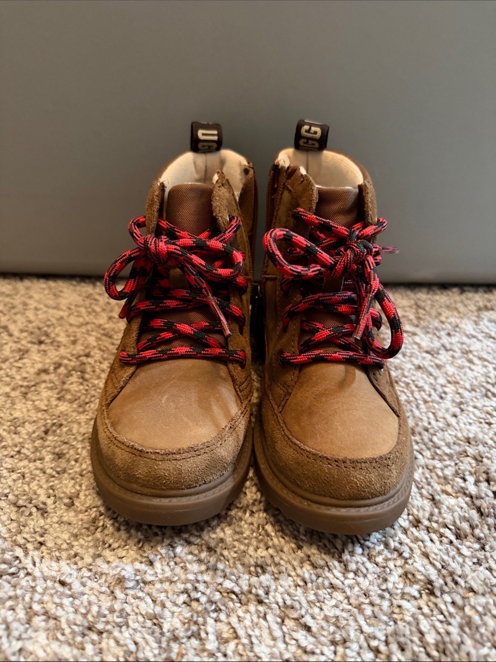 UGG Kids Brown Suede Boots with Red and Black Laces